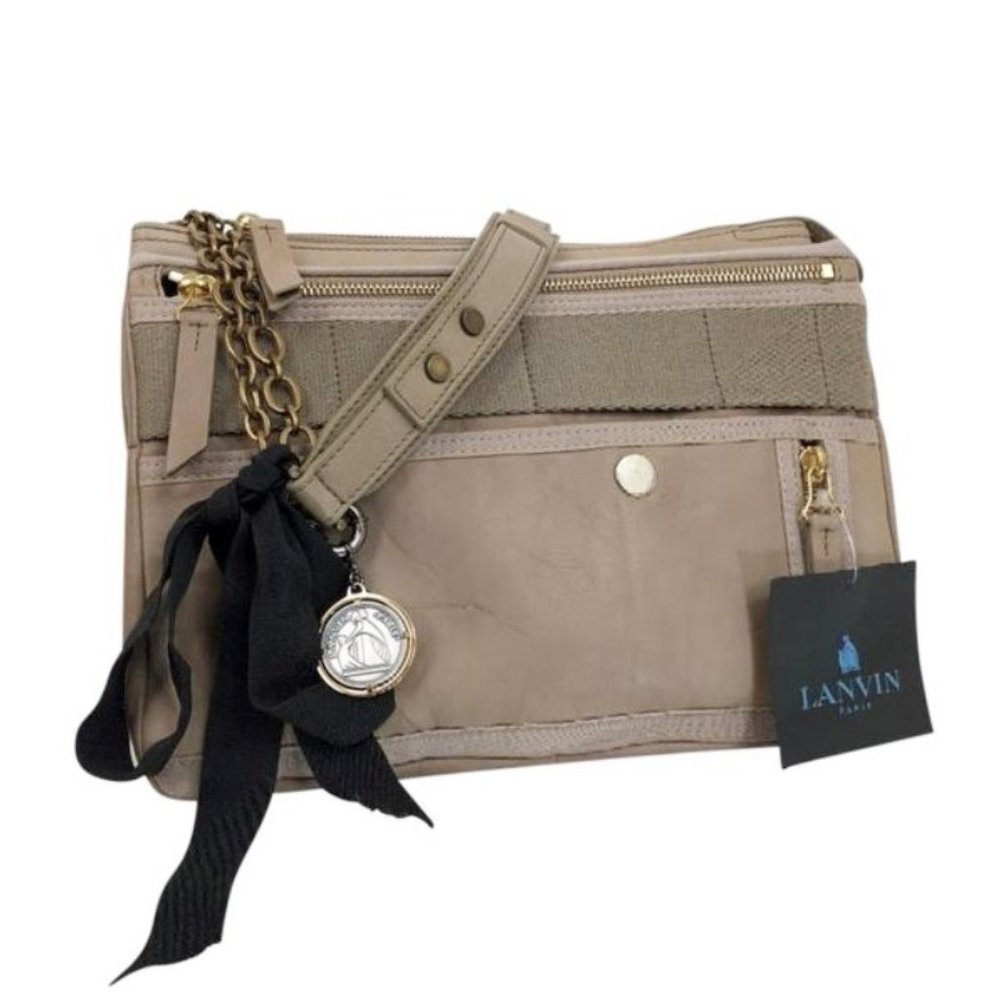 Lanvin Paris Beige Handbag Lambskin Leather Shoulder Bag New + BONUS Medallion